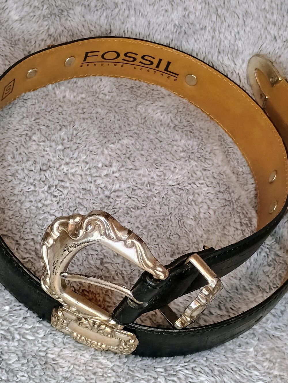 Fossil Black Leather Belt with Ornate Silver Buckle Small